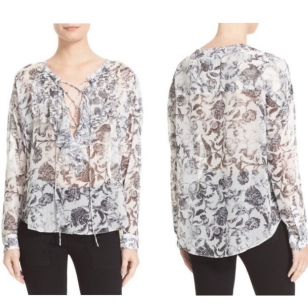 THE Kooples Baroque Print Floral Ruffle Lace Up Top In White